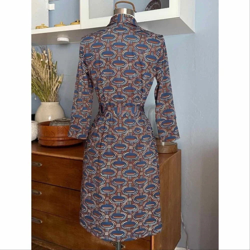 J. McLaughlin Brynn Dress Belted Shirtdress Catalina Cloth Navy Brown XS - Picture 6 of 9